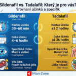 Infografika porovnávající čas nástupu, trvání účinku a specifické sildenafil vedlejší účinky